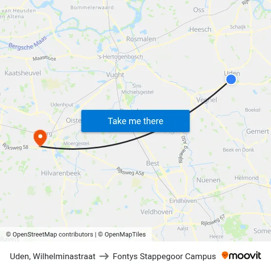 Uden, Wilhelminastraat to Fontys Stappegoor Campus map