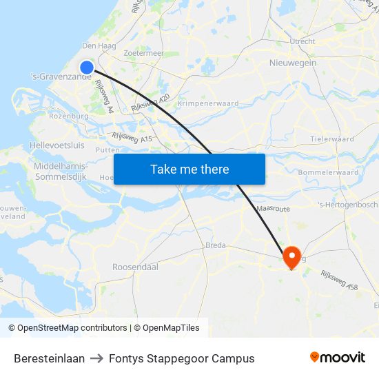 Beresteinlaan to Fontys Stappegoor Campus map