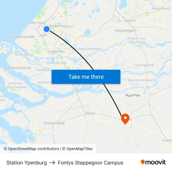 Station Ypenburg to Fontys Stappegoor Campus map