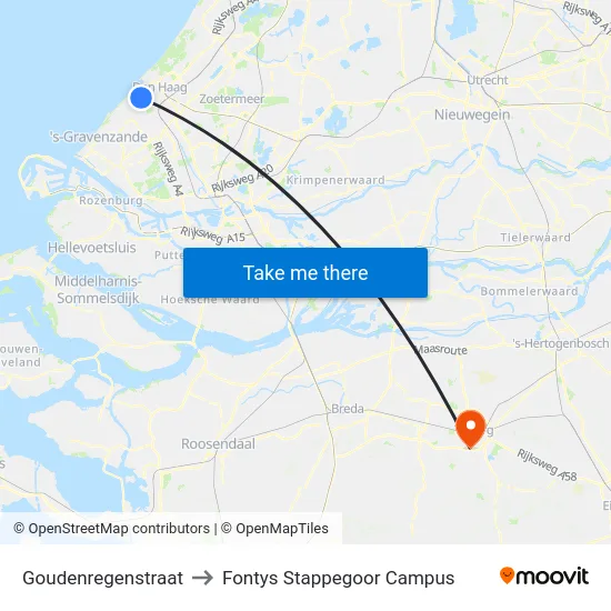 Goudenregenstraat to Fontys Stappegoor Campus map