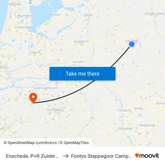 Enschede, P+R Zuiderval to Fontys Stappegoor Campus map