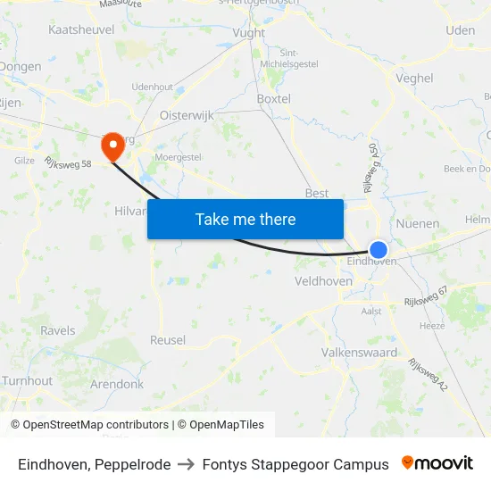 Eindhoven, Peppelrode to Fontys Stappegoor Campus map