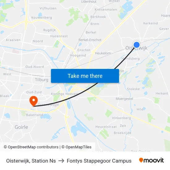 Oisterwijk, Station Ns to Fontys Stappegoor Campus map