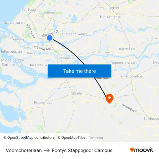 Voorschoterlaan to Fontys Stappegoor Campus map