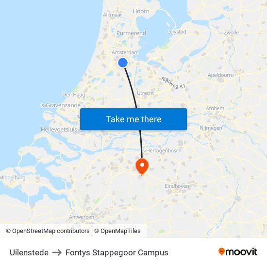 Uilenstede to Fontys Stappegoor Campus map