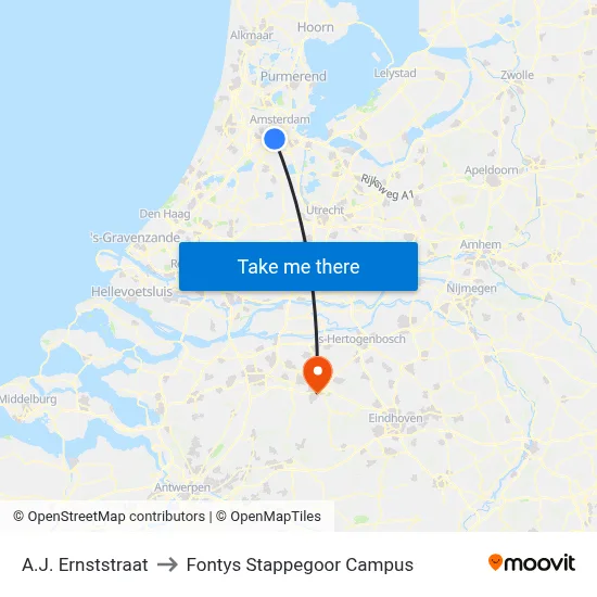 A.J. Ernststraat to Fontys Stappegoor Campus map