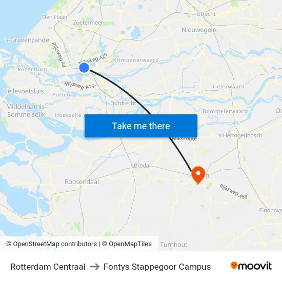 Rotterdam Centraal to Fontys Stappegoor Campus map
