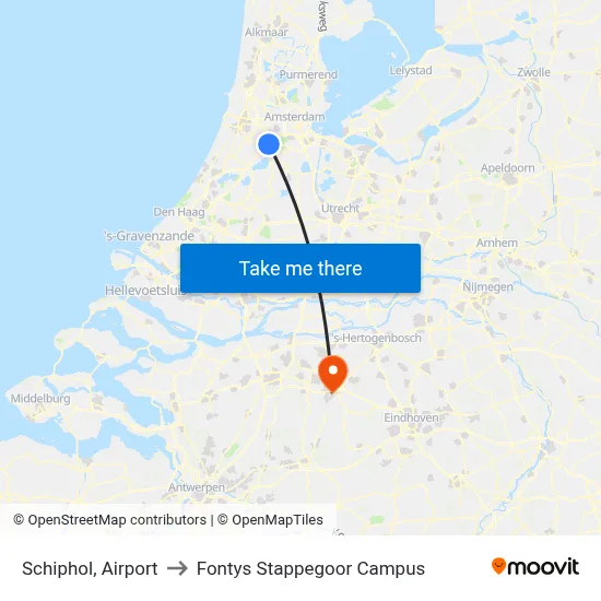 Schiphol, Airport to Fontys Stappegoor Campus map