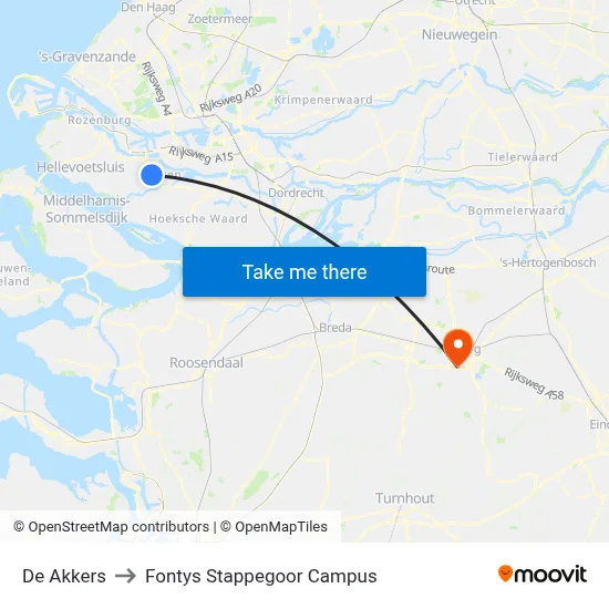 De Akkers to Fontys Stappegoor Campus map