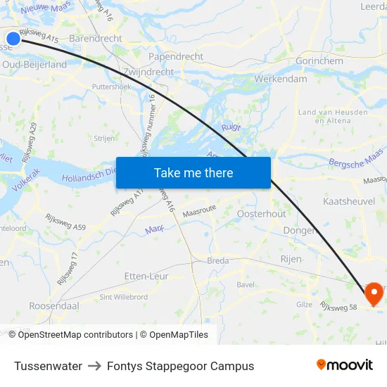 Tussenwater to Fontys Stappegoor Campus map