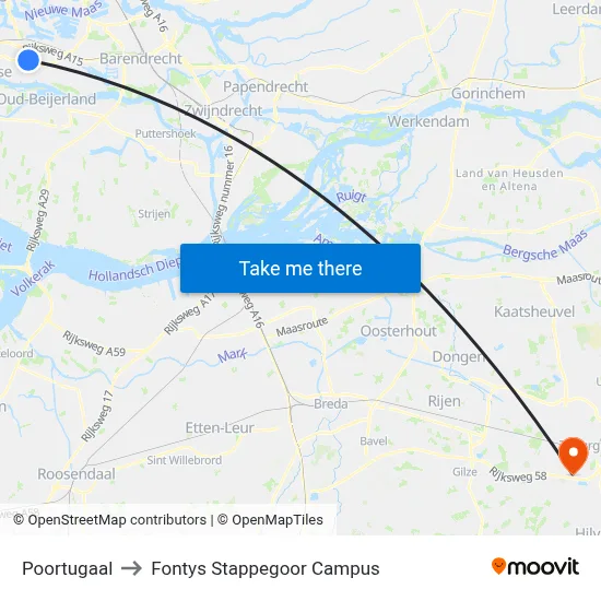 Poortugaal to Fontys Stappegoor Campus map