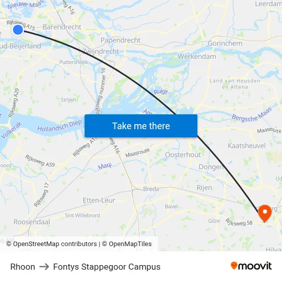 Rhoon to Fontys Stappegoor Campus map