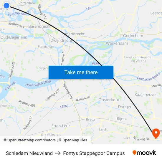 Schiedam Nieuwland to Fontys Stappegoor Campus map