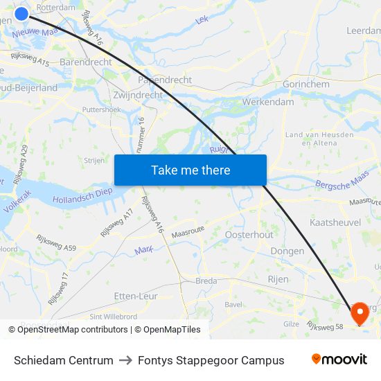 Schiedam Centrum to Fontys Stappegoor Campus map