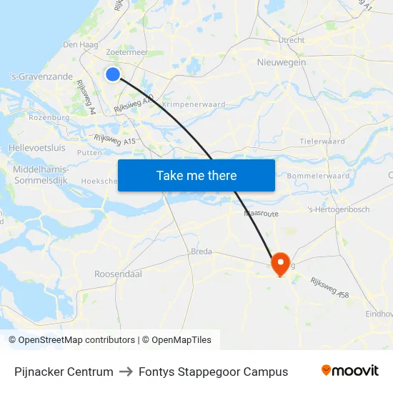 Pijnacker Centrum to Fontys Stappegoor Campus map
