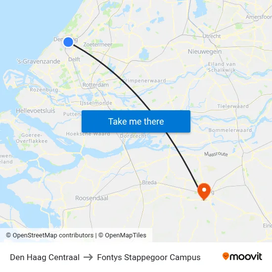 Den Haag Centraal to Fontys Stappegoor Campus map