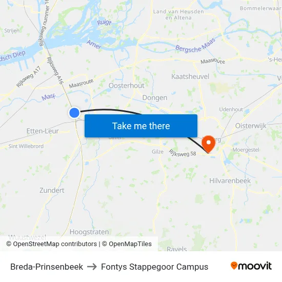 Breda-Prinsenbeek to Fontys Stappegoor Campus map