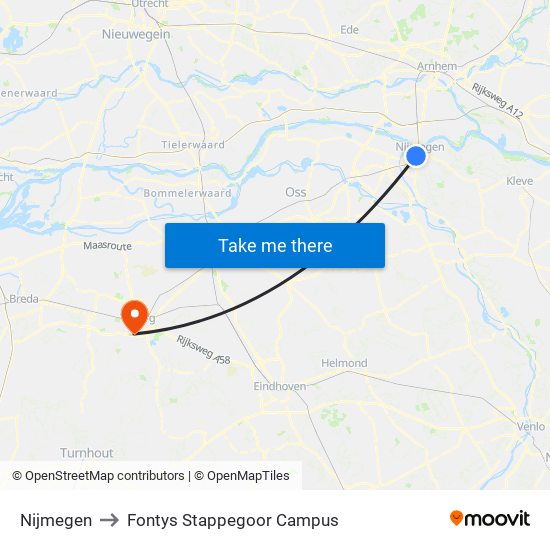 Nijmegen to Fontys Stappegoor Campus map