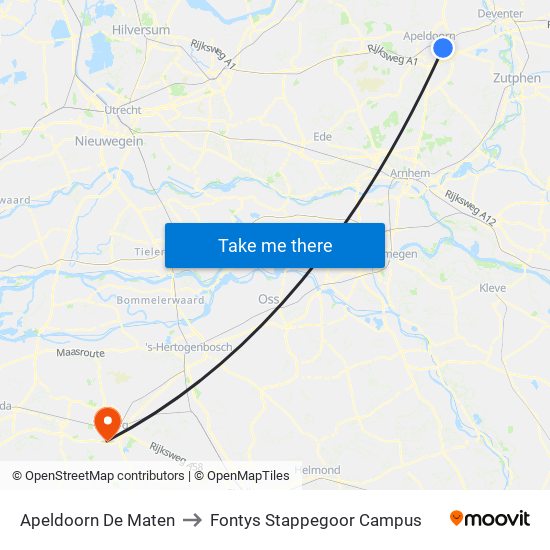 Apeldoorn De Maten to Fontys Stappegoor Campus map