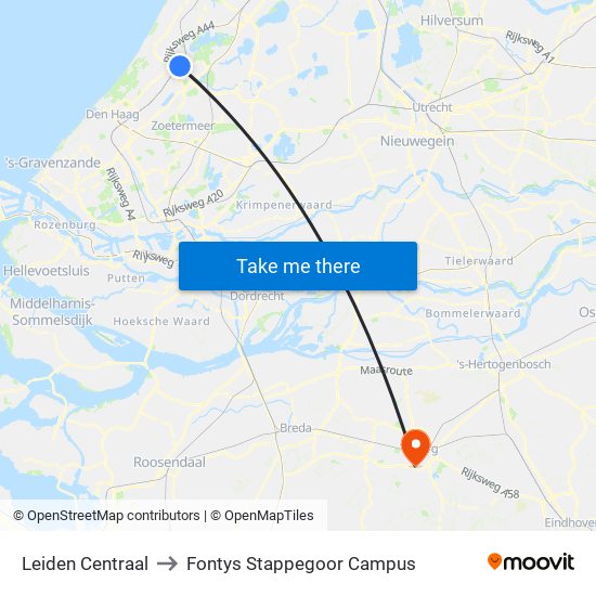 Leiden Centraal to Fontys Stappegoor Campus map