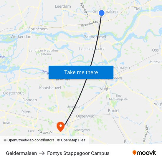 Geldermalsen to Fontys Stappegoor Campus map