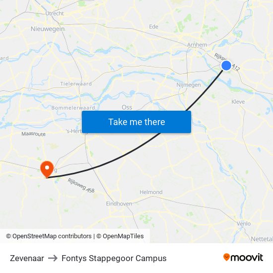 Zevenaar to Fontys Stappegoor Campus map