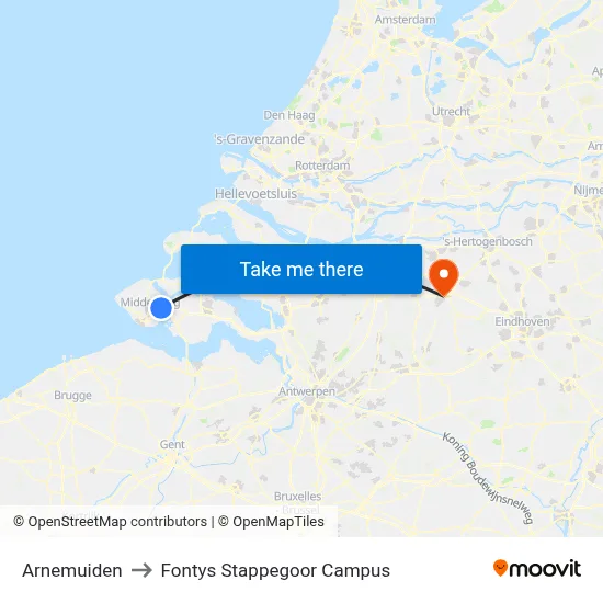 Arnemuiden to Fontys Stappegoor Campus map
