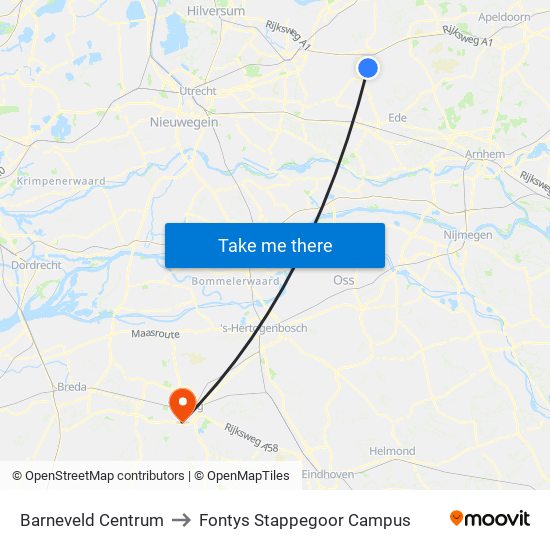Barneveld Centrum to Fontys Stappegoor Campus map