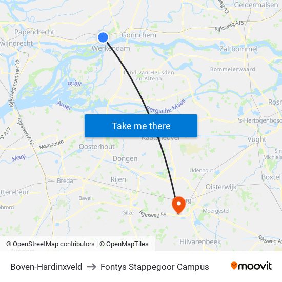 Boven-Hardinxveld to Fontys Stappegoor Campus map