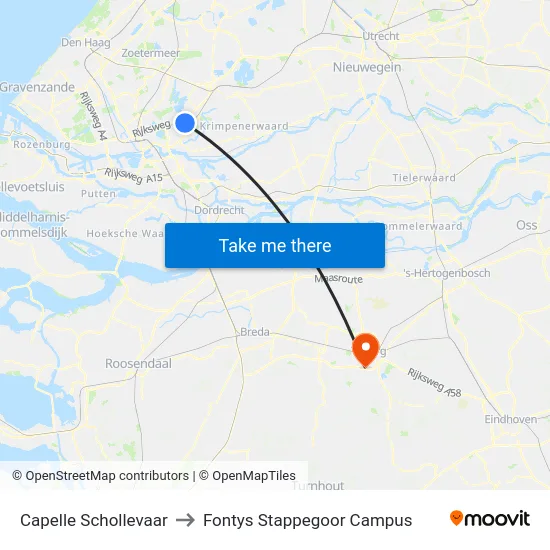 Capelle Schollevaar to Fontys Stappegoor Campus map