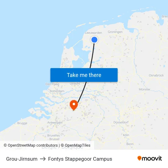 Grou-Jirnsum to Fontys Stappegoor Campus map