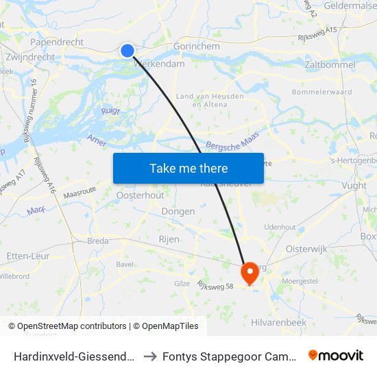 Hardinxveld-Giessendam to Fontys Stappegoor Campus map