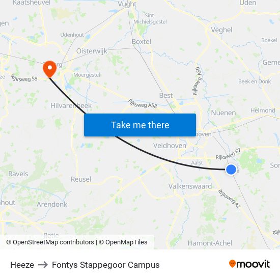 Heeze to Fontys Stappegoor Campus map