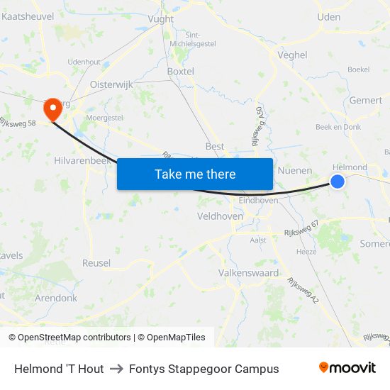 Helmond 'T Hout to Fontys Stappegoor Campus map