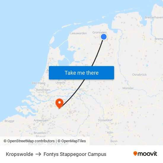 Kropswolde to Fontys Stappegoor Campus map