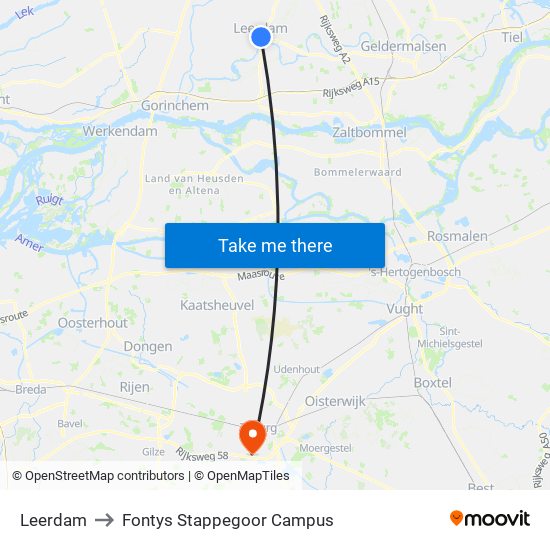 Leerdam to Fontys Stappegoor Campus map