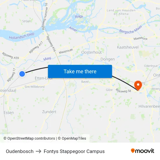 Oudenbosch to Fontys Stappegoor Campus map