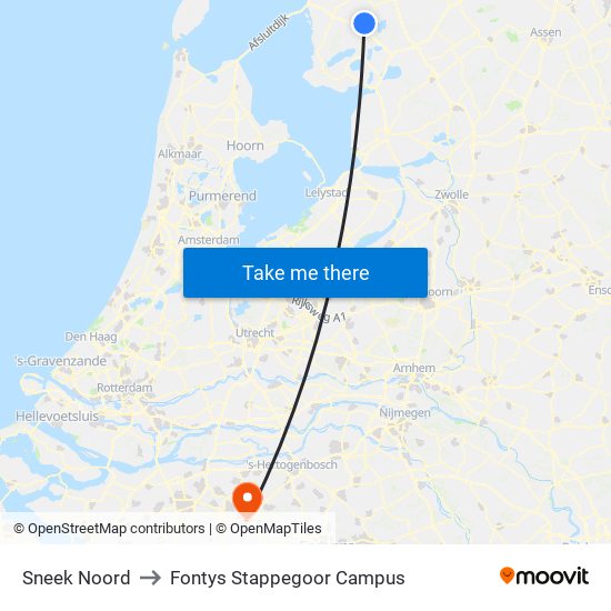 Sneek Noord to Fontys Stappegoor Campus map