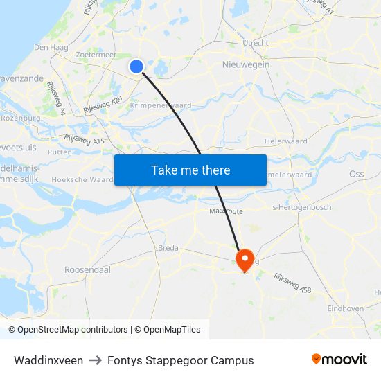 Waddinxveen to Fontys Stappegoor Campus map