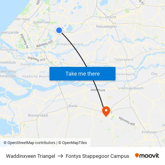 Waddinxveen Triangel to Fontys Stappegoor Campus map