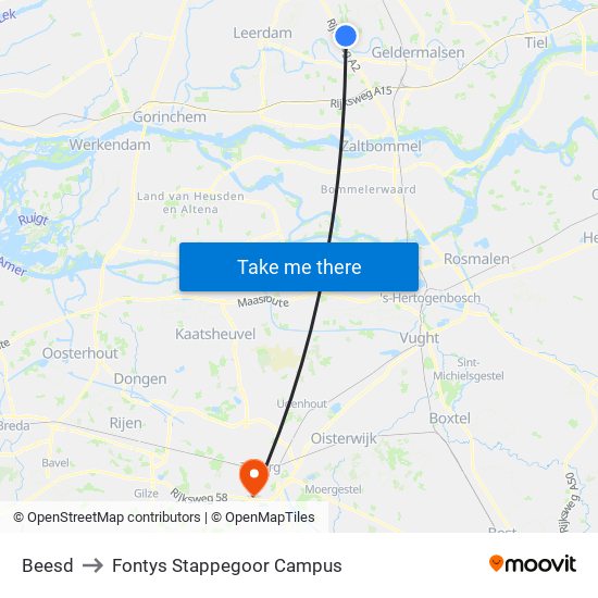 Beesd to Fontys Stappegoor Campus map