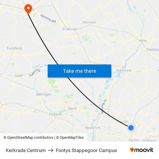 Kerkrade Centrum to Fontys Stappegoor Campus map