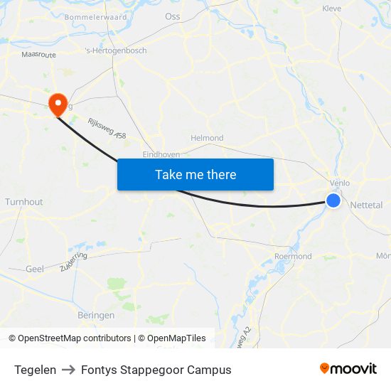 Tegelen to Fontys Stappegoor Campus map