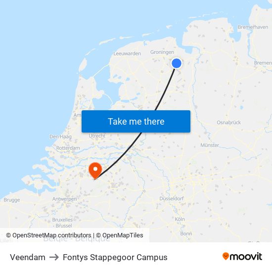 Veendam to Fontys Stappegoor Campus map