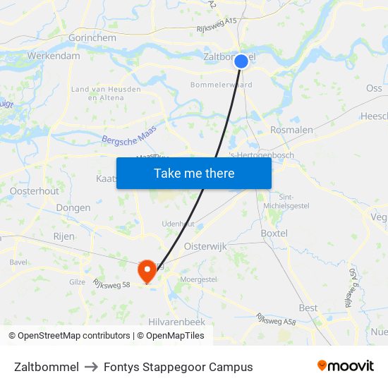 Zaltbommel to Fontys Stappegoor Campus map