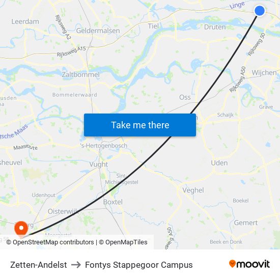 Zetten-Andelst to Fontys Stappegoor Campus map
