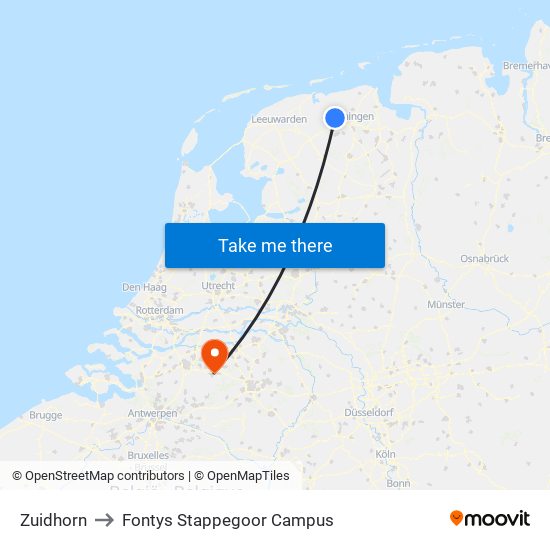 Zuidhorn to Fontys Stappegoor Campus map