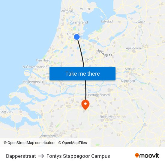 Dapperstraat to Fontys Stappegoor Campus map