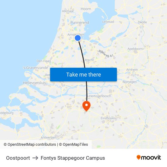 Oostpoort to Fontys Stappegoor Campus map