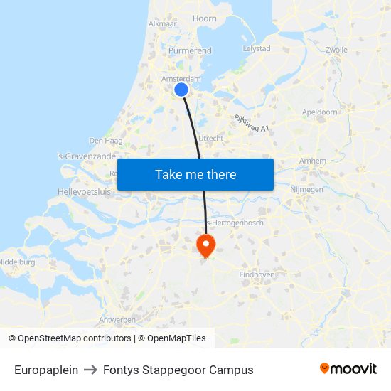 Europaplein to Fontys Stappegoor Campus map